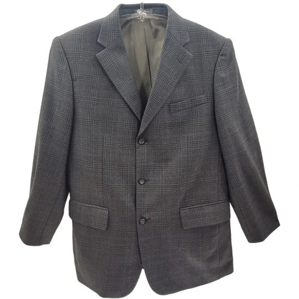 Men's Oscar De La Renta Gray Lambs wool Plaid Three Button Vintage Blazer Jacket